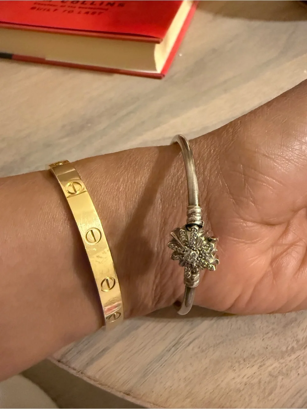 Pandora Silver Bangle with Green Crystal clips and winter theme charms